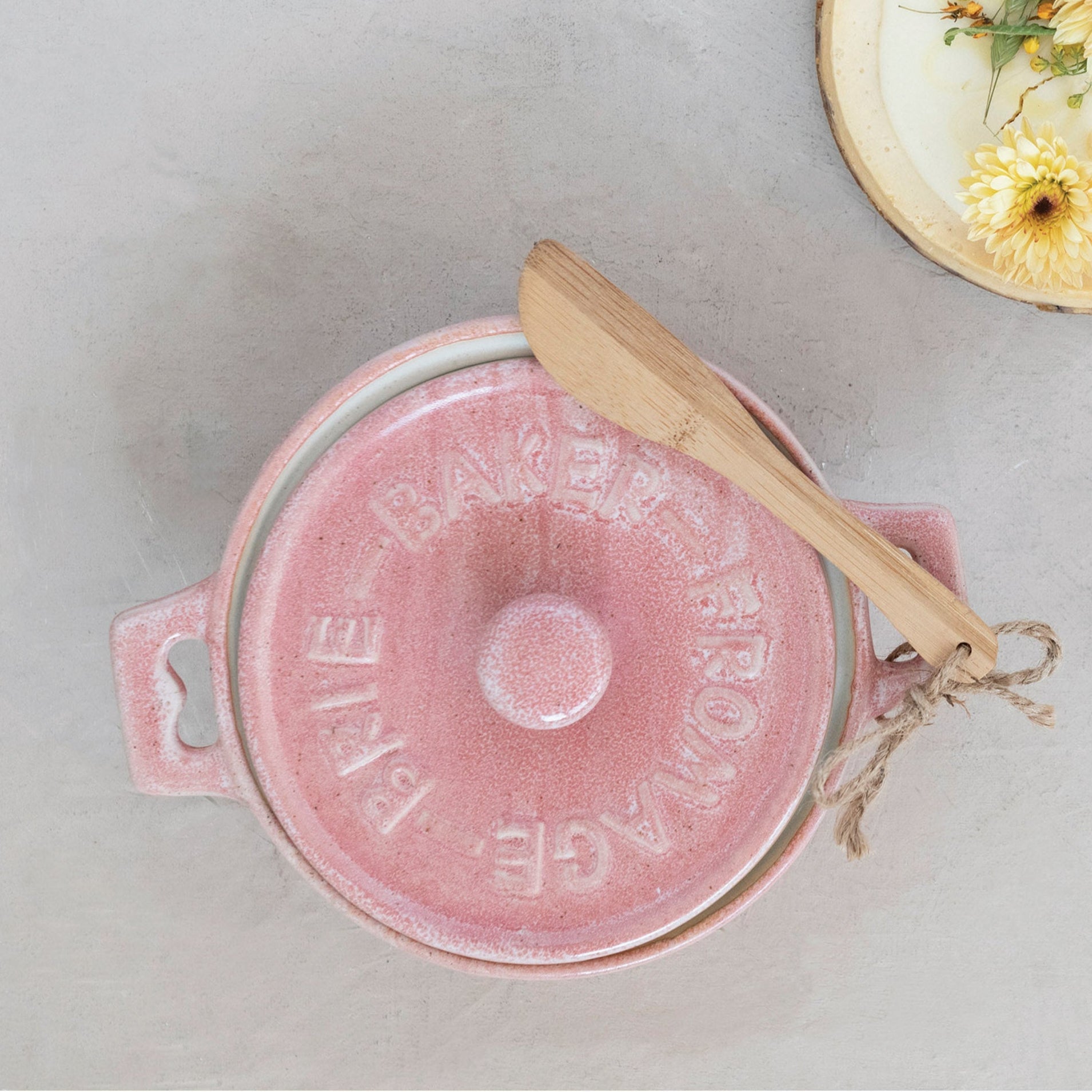 Stoneware Brie Baker with Bamboo Spreader