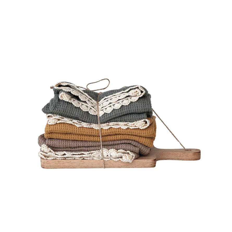 Set of 3 Waffle Weave Towels w/ Mango Wood Cutting Board